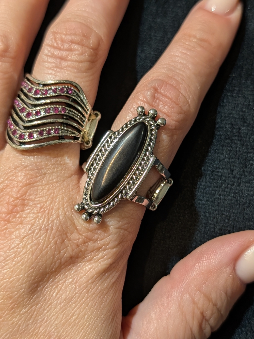 Lot of 2 Silver Tone Cocktail Rings Marquise Black Stone Crystal Adjustable